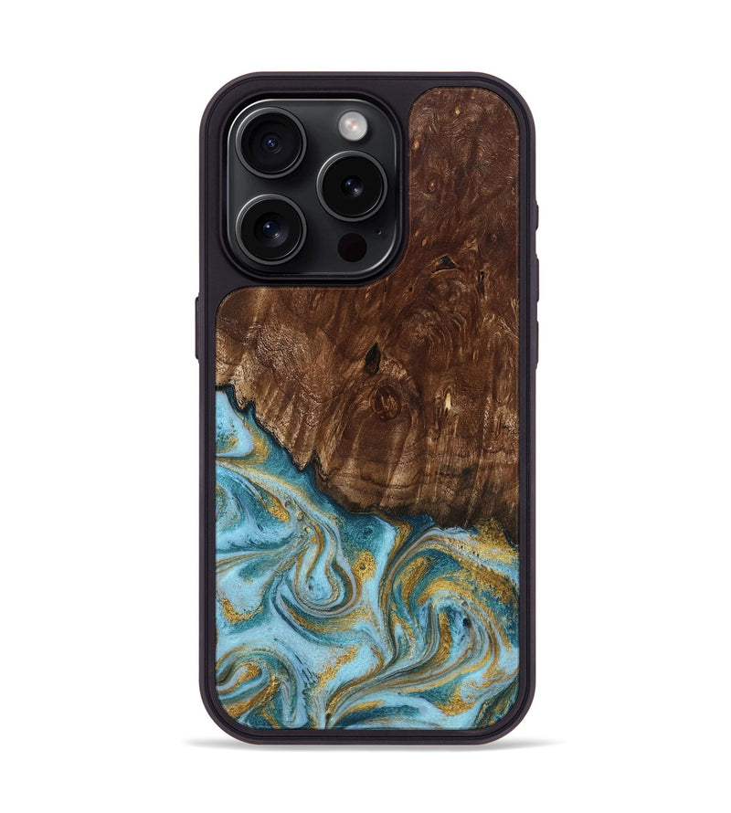iPhone 15 Pro Wood Phone Case - Tonya (Teal & Gold, 801652)