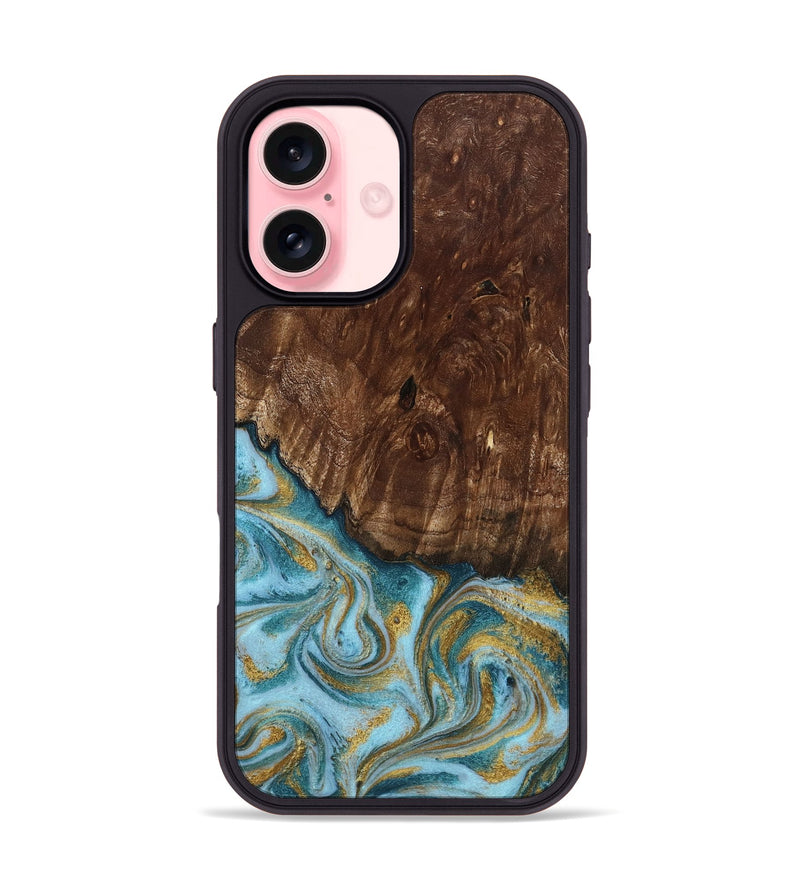 iPhone 16 Wood Phone Case - Tonya (Teal & Gold, 801652)