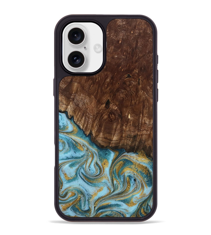 iPhone 16 Plus Wood Phone Case - Tonya (Teal & Gold, 801652)