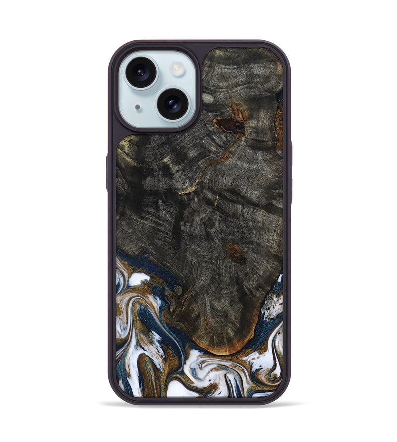 iPhone 15 Wood Phone Case - Tracee (Teal & Gold, 801675)