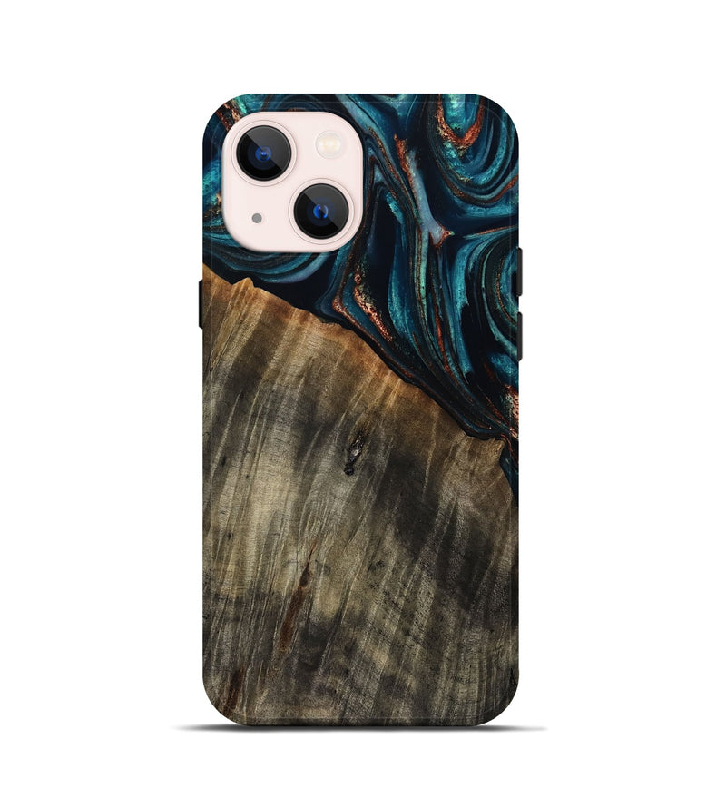 iPhone 13 mini Wood Live Edge Phone Case - Pauline (Teal & Gold, 801740)