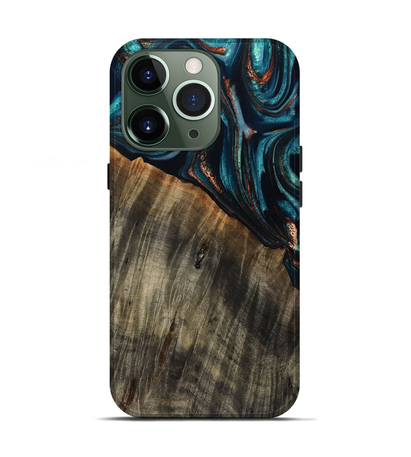 iPhone 13 Pro Wood Live Edge Phone Case - Pauline (Teal & Gold, 801740)