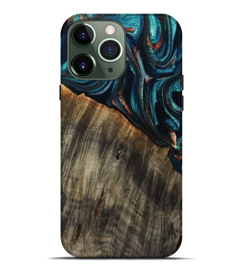 iPhone 13 Pro Max Wood Live Edge Phone Case - Pauline (Teal & Gold, 801740)