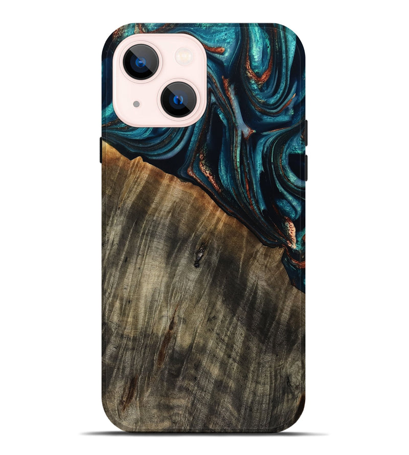 iPhone 14 Plus Wood Live Edge Phone Case - Pauline (Teal & Gold, 801740)