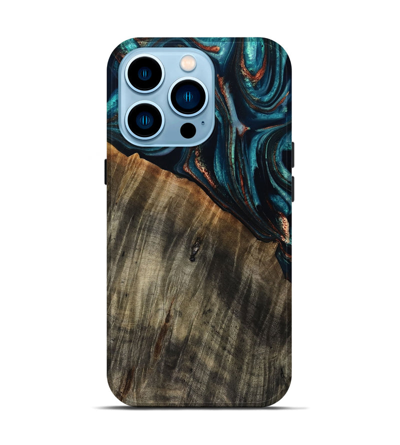 iPhone 14 Pro Wood Live Edge Phone Case - Pauline (Teal & Gold, 801740)