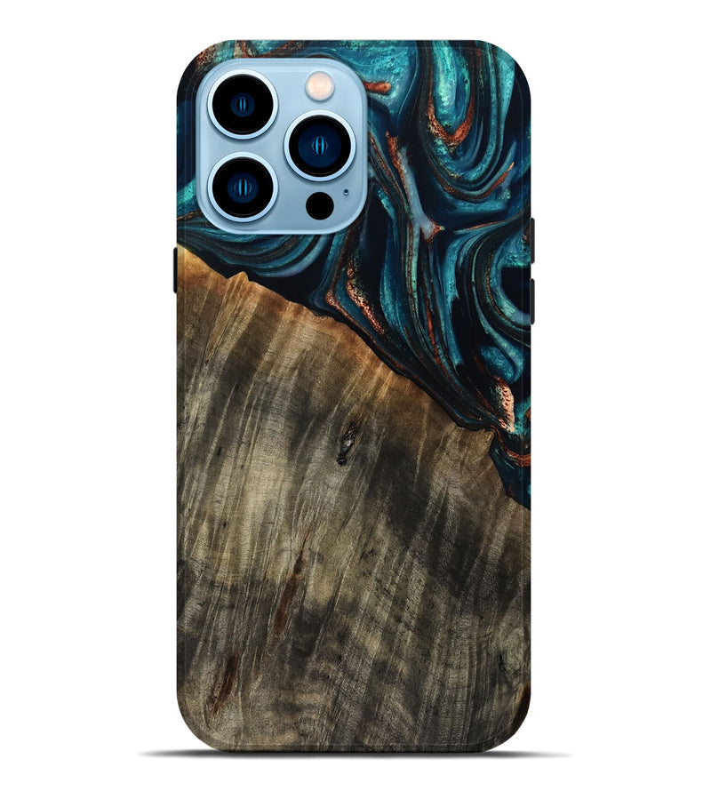 iPhone 14 Pro Max Wood Live Edge Phone Case - Pauline (Teal & Gold, 801740)