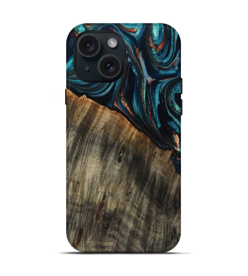 iPhone 15 Wood Live Edge Phone Case - Pauline (Teal & Gold, 801740)