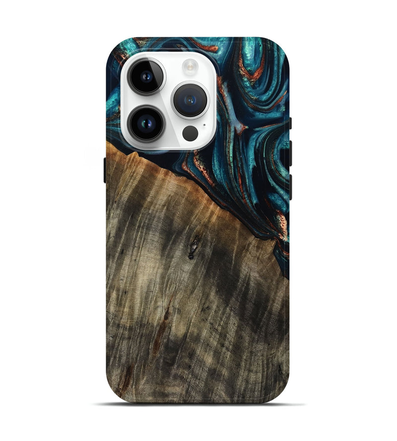 iPhone 15 Pro Wood Live Edge Phone Case - Pauline (Teal & Gold, 801740)