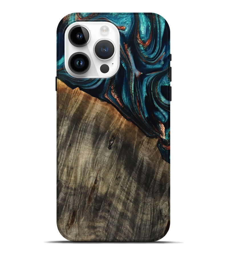 iPhone 15 Pro Max Wood Live Edge Phone Case - Pauline (Teal & Gold, 801740)
