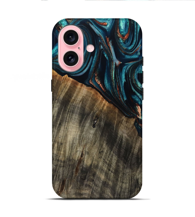 iPhone 16 Wood Live Edge Phone Case - Pauline (Teal & Gold, 801740)