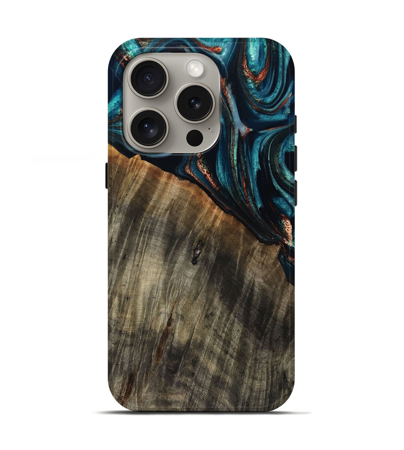 iPhone 16 Pro Wood Live Edge Phone Case - Pauline (Teal & Gold, 801740)