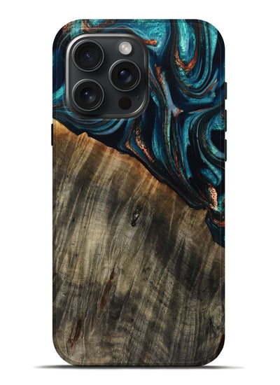 iPhone 16 Pro Max Wood Live Edge Phone Case - Pauline (Teal & Gold, 801740)