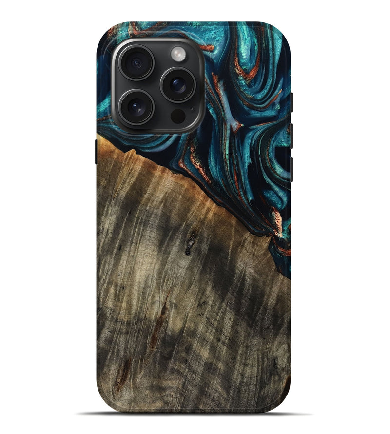 iPhone 16 Pro Max Wood Live Edge Phone Case - Pauline (Teal & Gold, 801740)