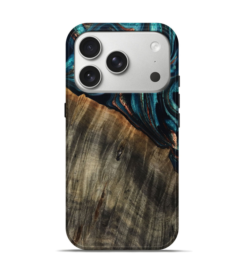 iPhone 17 Pro Wood Live Edge Phone Case - Pauline (Teal & Gold, 801740)