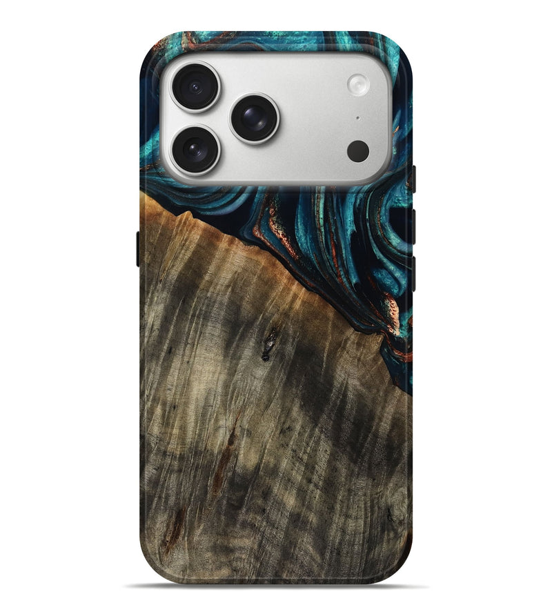 iPhone 17 Pro Max Wood Live Edge Phone Case - Pauline (Teal & Gold, 801740)