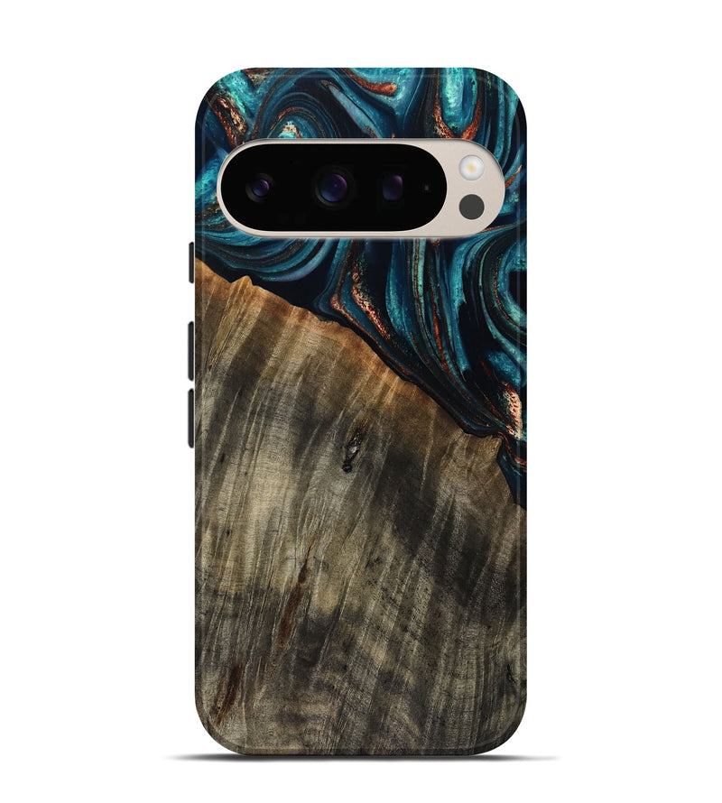 Pixel 10 Pro Wood Live Edge Phone Case - Pauline (Teal & Gold, 801740)