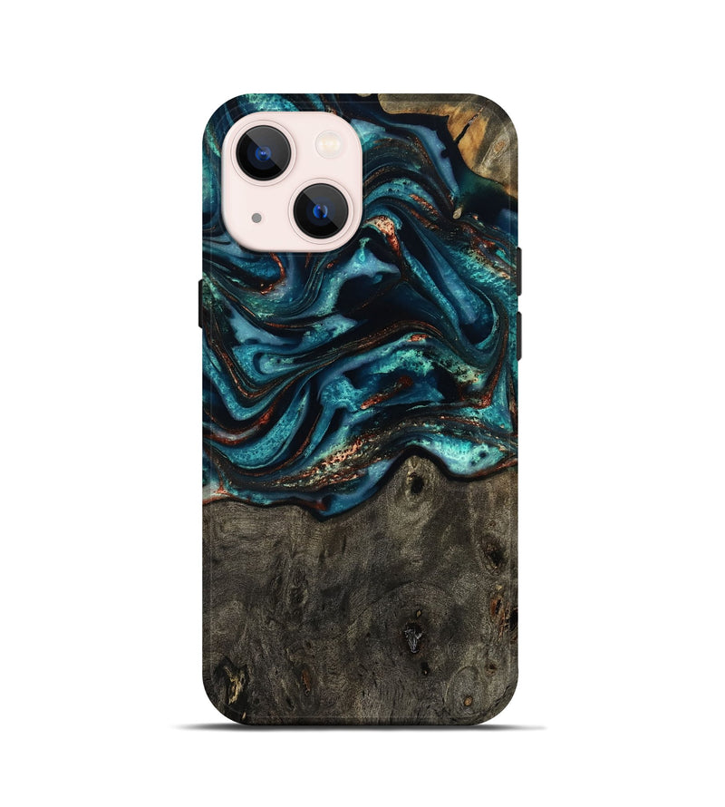 iPhone 13 mini Wood Live Edge Phone Case - Daisie (Teal & Gold, 801757)