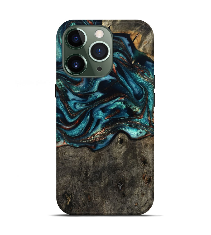 iPhone 13 Pro Wood Live Edge Phone Case - Daisie (Teal & Gold, 801757)