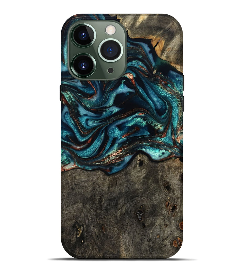 iPhone 13 Pro Max Wood Live Edge Phone Case - Daisie (Teal & Gold, 801757)