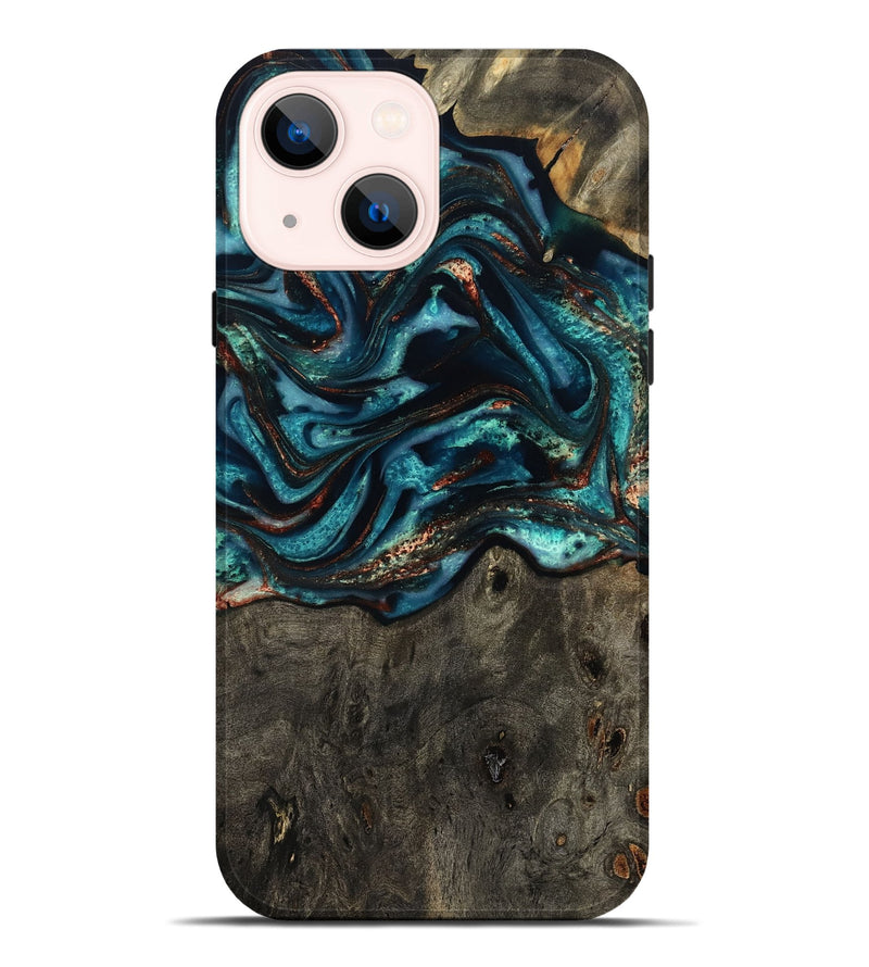 iPhone 14 Plus Wood Live Edge Phone Case - Daisie (Teal & Gold, 801757)
