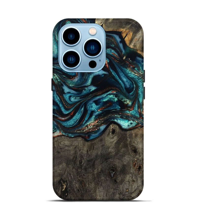 iPhone 14 Pro Wood Live Edge Phone Case - Daisie (Teal & Gold, 801757)