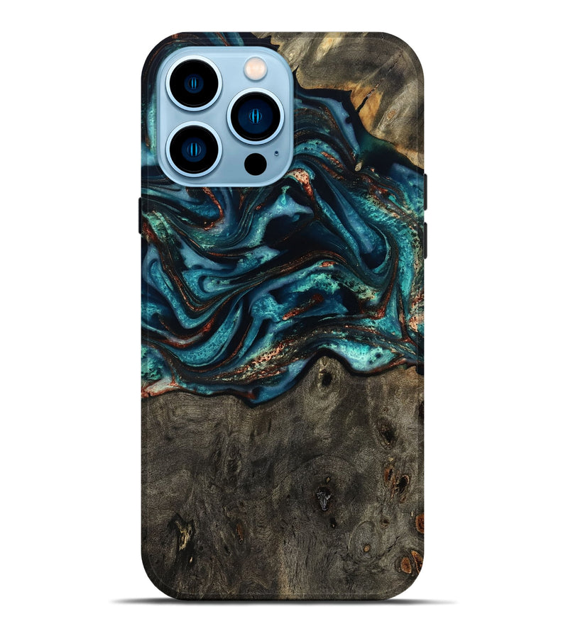 iPhone 14 Pro Max Wood Live Edge Phone Case - Daisie (Teal & Gold, 801757)