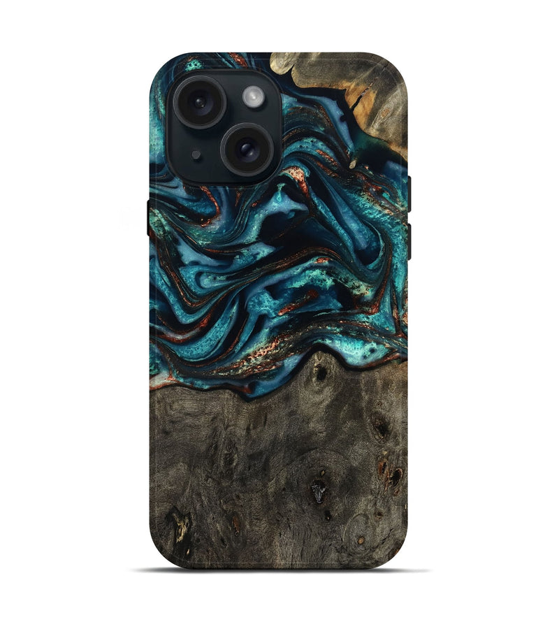 iPhone 15 Wood Live Edge Phone Case - Daisie (Teal & Gold, 801757)