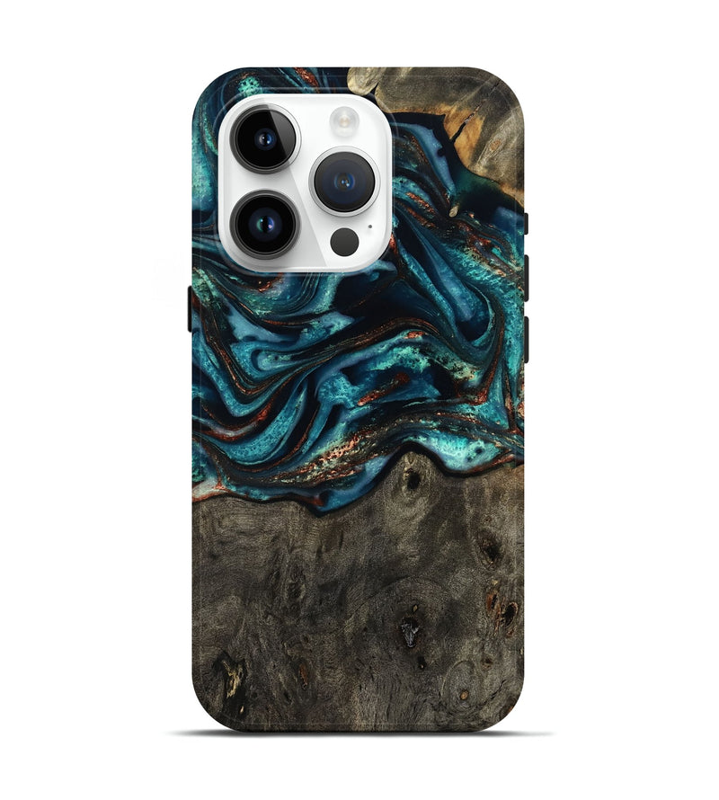 iPhone 15 Pro Wood Live Edge Phone Case - Daisie (Teal & Gold, 801757)