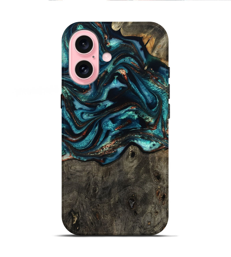 iPhone 16 Wood Live Edge Phone Case - Daisie (Teal & Gold, 801757)