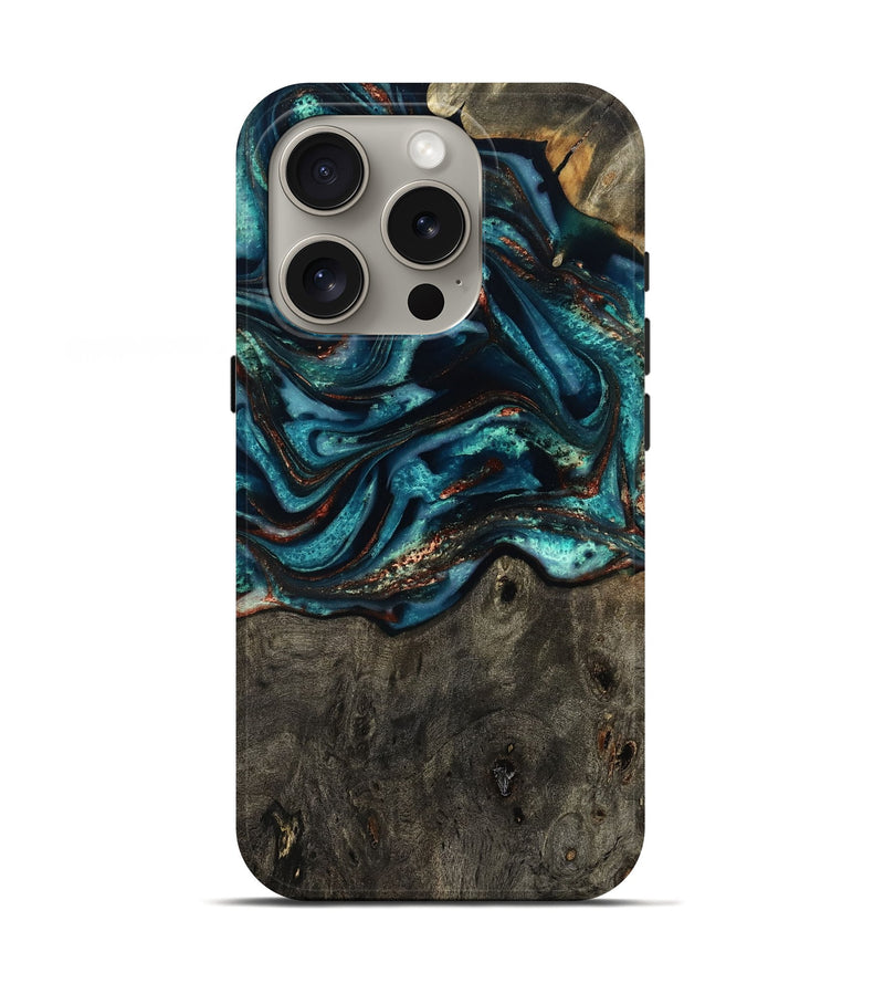 iPhone 16 Pro Wood Live Edge Phone Case - Daisie (Teal & Gold, 801757)