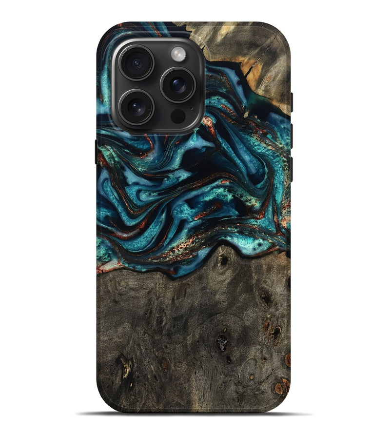 iPhone 16 Pro Max Wood Live Edge Phone Case - Daisie (Teal & Gold, 801757)