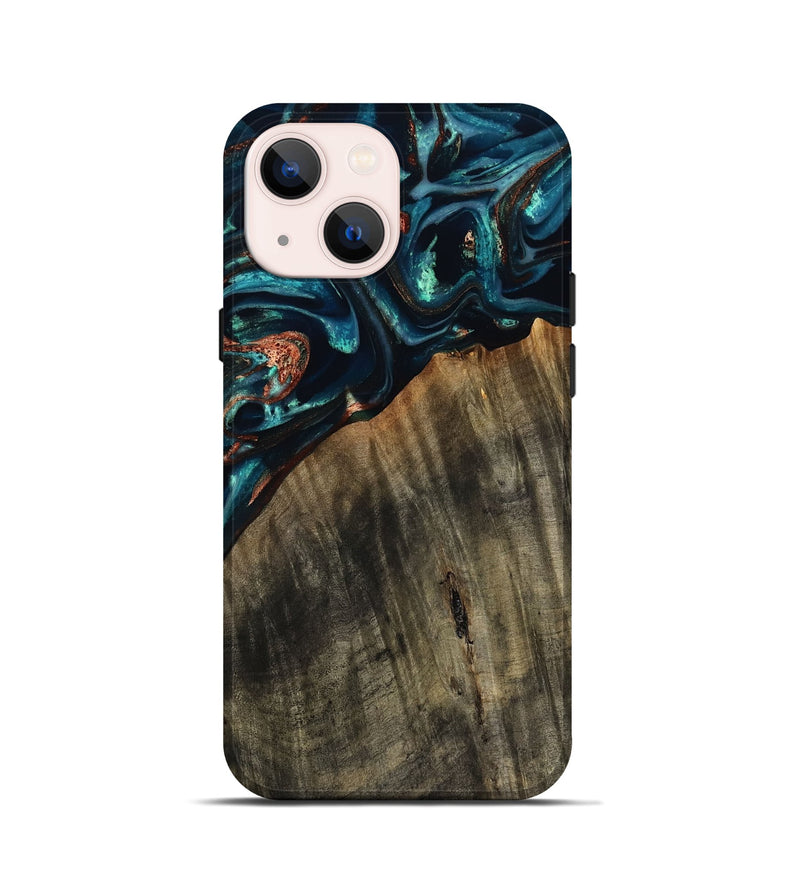 iPhone 13 mini Wood Live Edge Phone Case - Ramon (Teal & Gold, 801758)