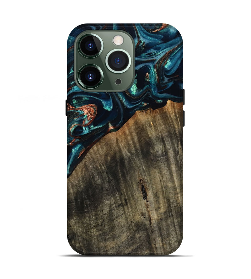 iPhone 13 Pro Wood Live Edge Phone Case - Ramon (Teal & Gold, 801758)