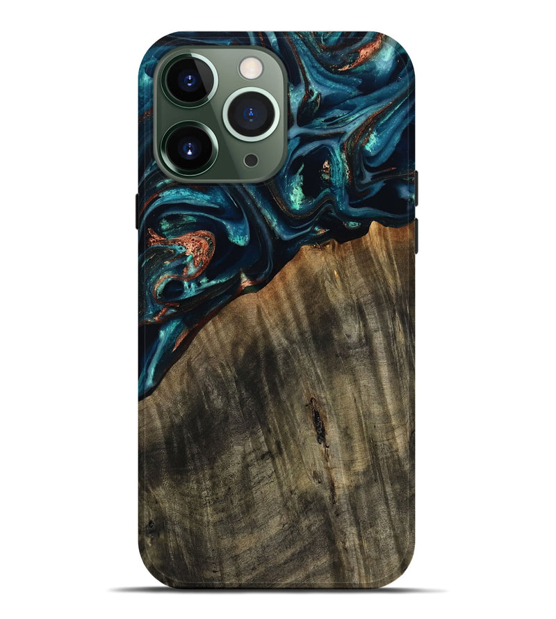 iPhone 13 Pro Max Wood Live Edge Phone Case - Ramon (Teal & Gold, 801758)