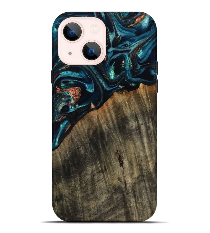 iPhone 14 Plus Wood Live Edge Phone Case - Ramon (Teal & Gold, 801758)