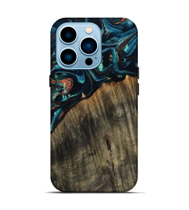 iPhone 14 Pro Wood Live Edge Phone Case - Ramon (Teal & Gold, 801758)