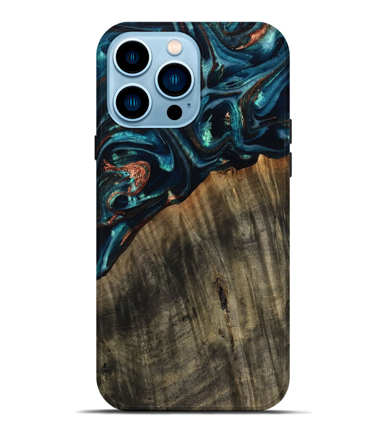 iPhone 14 Pro Max Wood Live Edge Phone Case - Ramon (Teal & Gold, 801758)