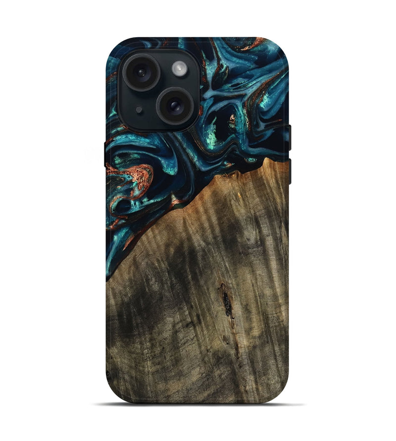 iPhone 15 Wood Live Edge Phone Case - Ramon (Teal & Gold, 801758)