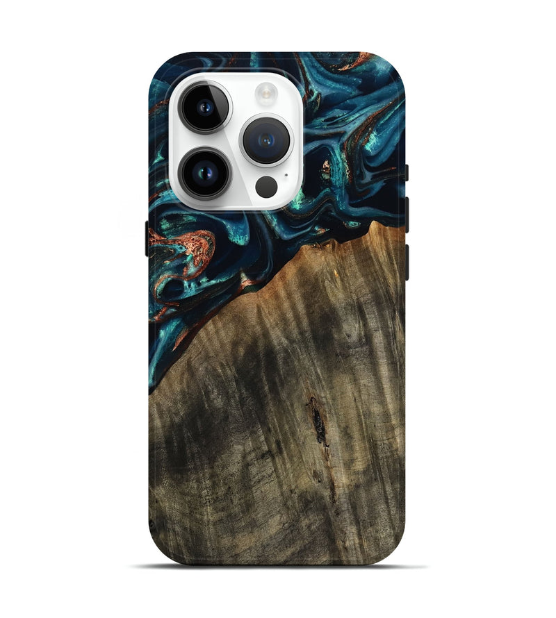 iPhone 15 Pro Wood Live Edge Phone Case - Ramon (Teal & Gold, 801758)