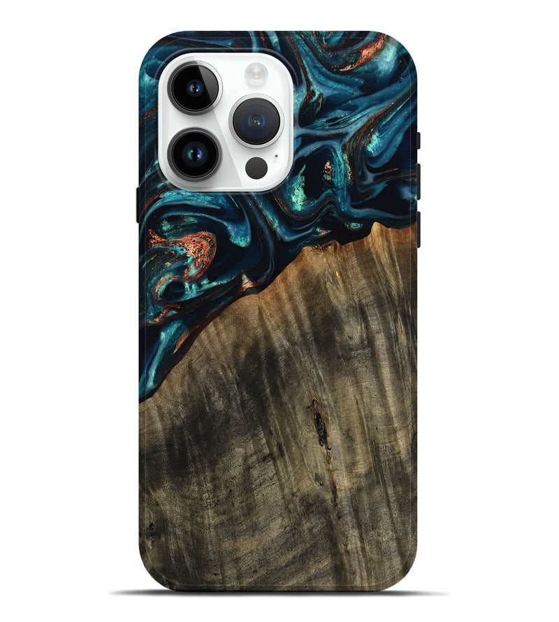 iPhone 15 Pro Max Wood Live Edge Phone Case - Ramon (Teal & Gold, 801758)
