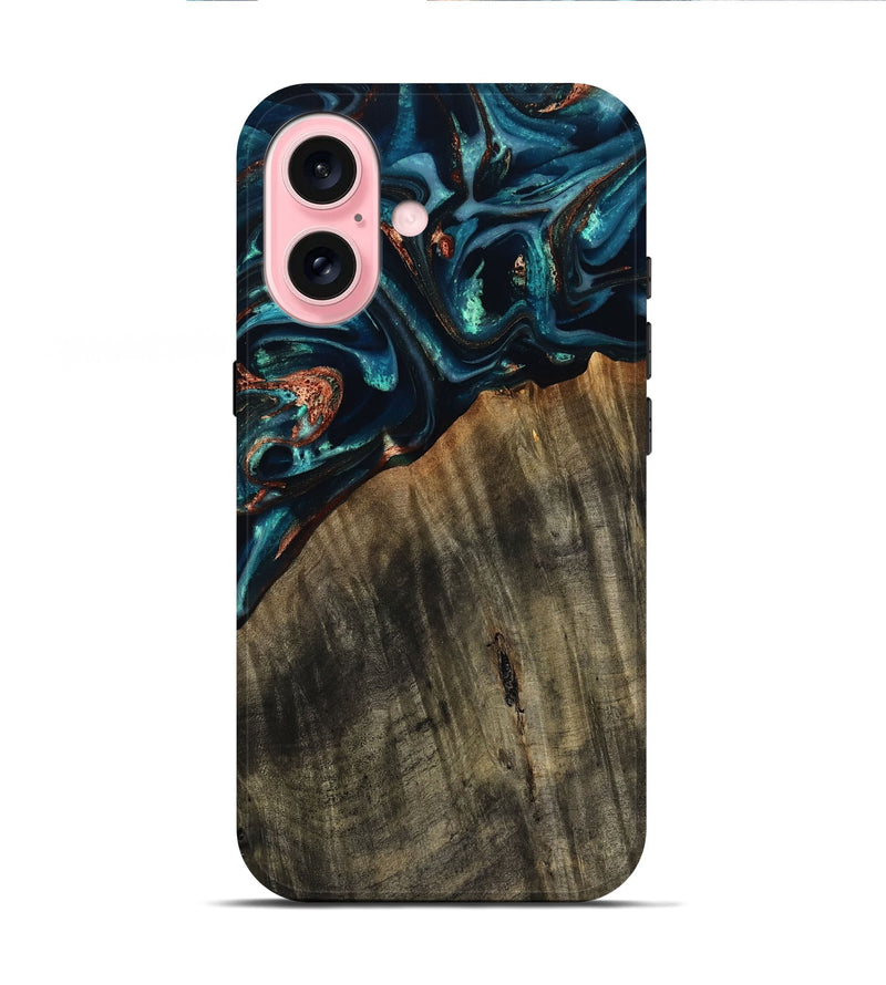 iPhone 16 Wood Live Edge Phone Case - Ramon (Teal & Gold, 801758)