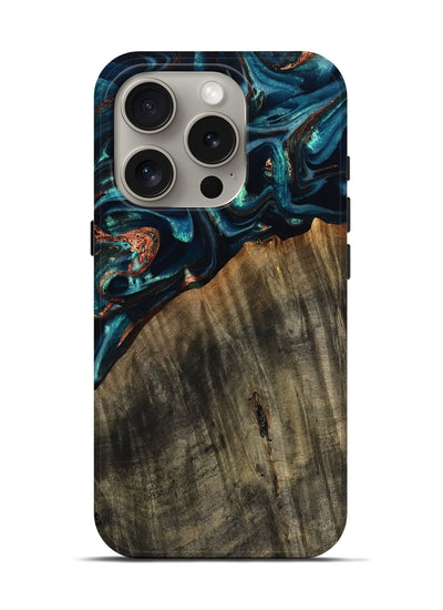 iPhone 16 Pro Wood Live Edge Phone Case - Ramon (Teal & Gold, 801758)