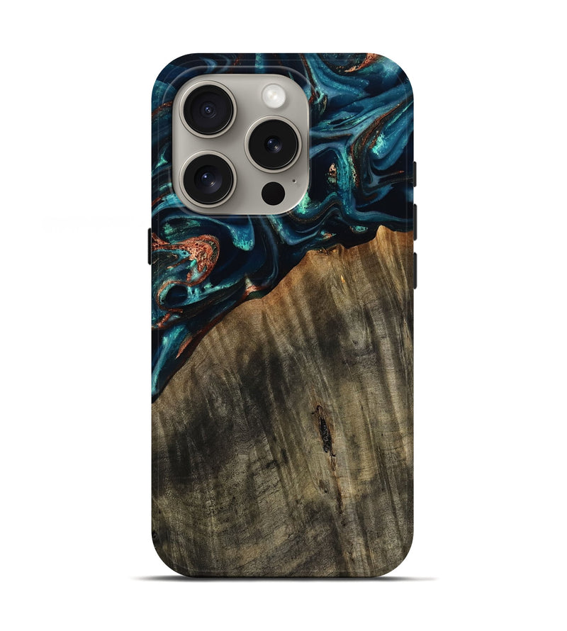 iPhone 16 Pro Wood Live Edge Phone Case - Ramon (Teal & Gold, 801758)