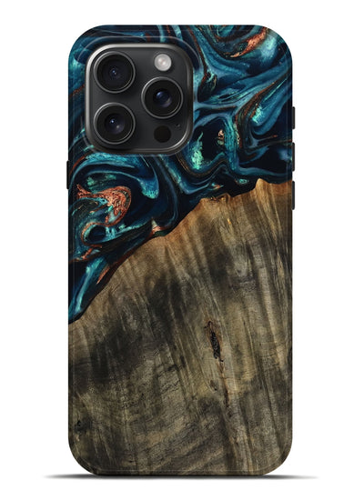 iPhone 16 Pro Max Wood Live Edge Phone Case - Ramon (Teal & Gold, 801758)