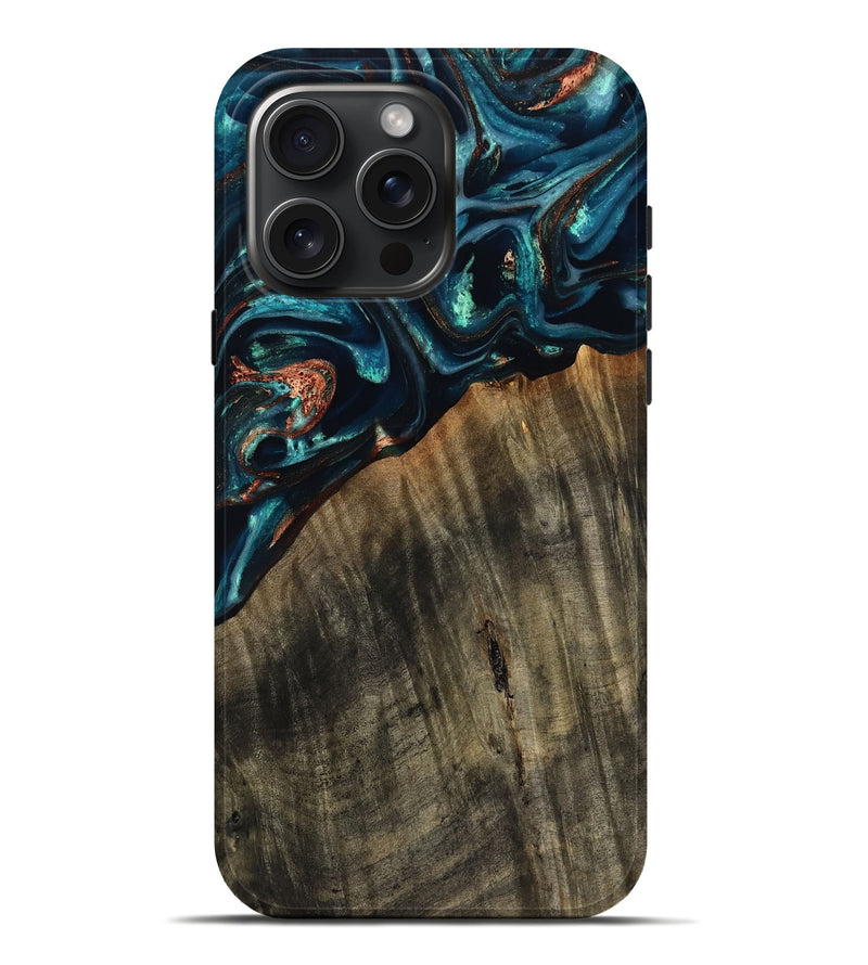 iPhone 16 Pro Max Wood Live Edge Phone Case - Ramon (Teal & Gold, 801758)