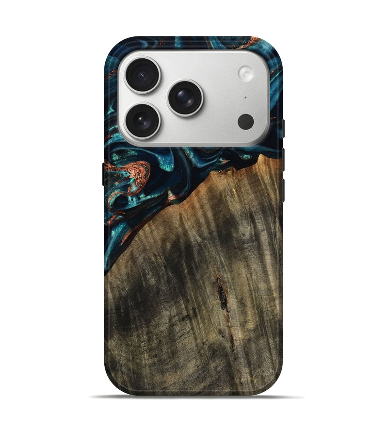 iPhone 17 Pro Wood Live Edge Phone Case - Ramon (Teal & Gold, 801758)