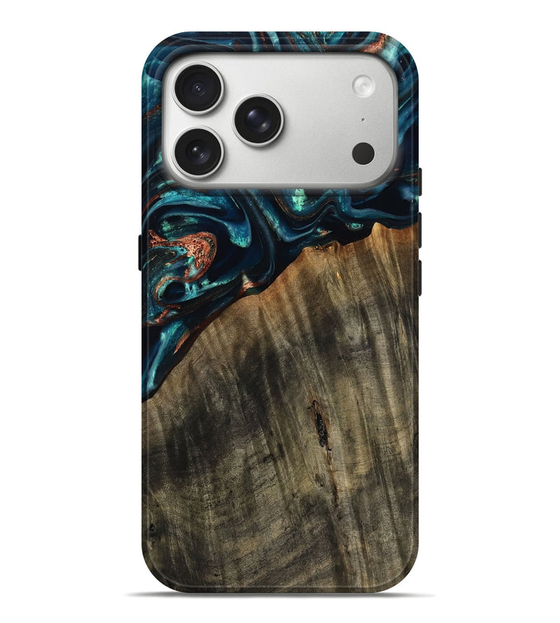 iPhone 17 Pro Max Wood Live Edge Phone Case - Ramon (Teal & Gold, 801758)
