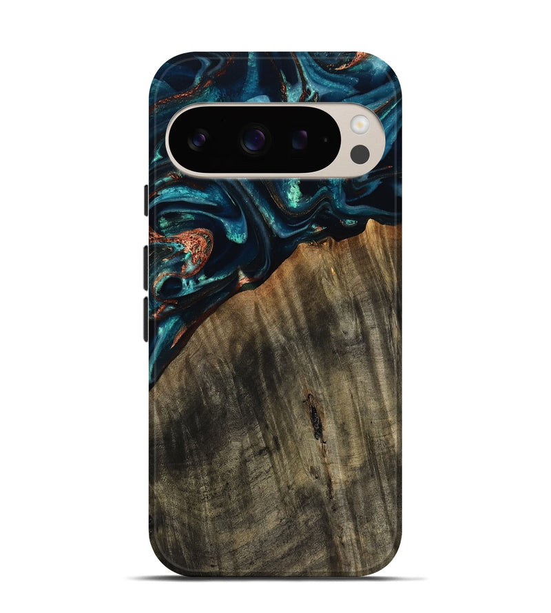 Pixel 9 Pro Wood Live Edge Phone Case - Ramon (Teal & Gold, 801758)