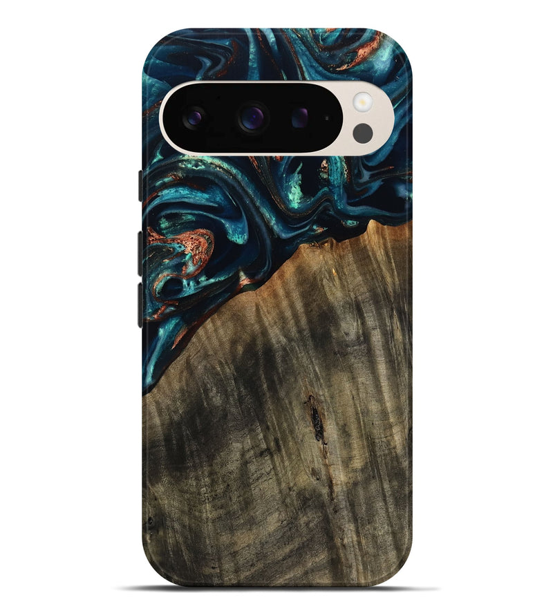 Pixel 9 Pro XL Wood Live Edge Phone Case - Ramon (Teal & Gold, 801758)