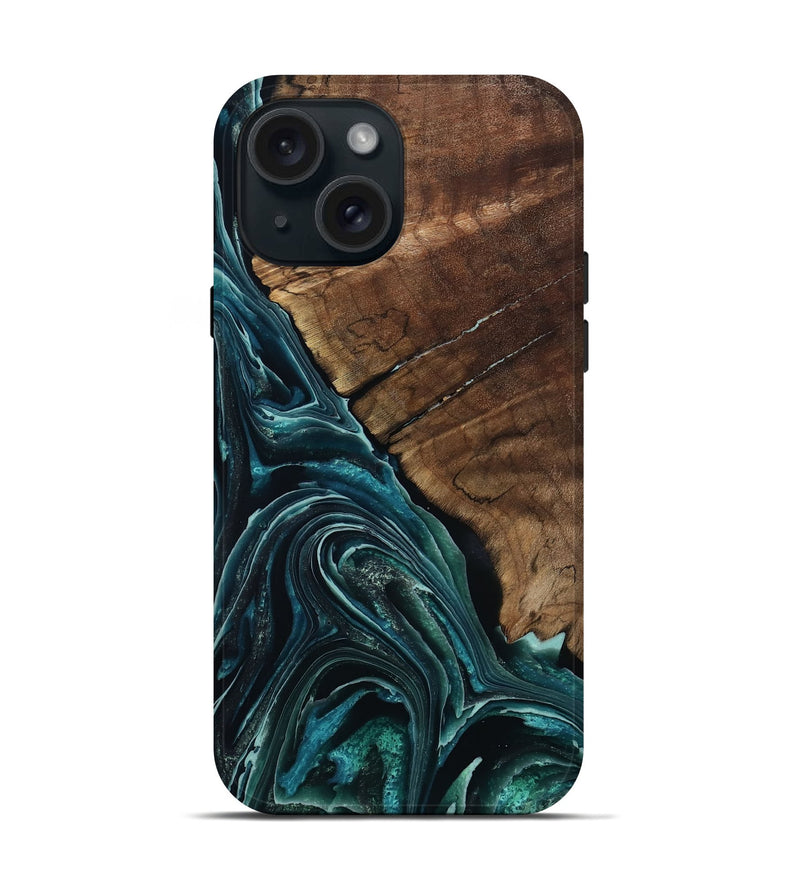 iPhone 15 Wood Live Edge Phone Case - Allyssa (Blue, 801759)